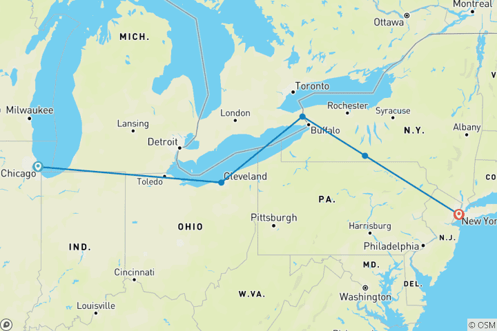 Carte du circuit Chicago, Niagara et New York (y compris les chutes du Niagara aux États-Unis)