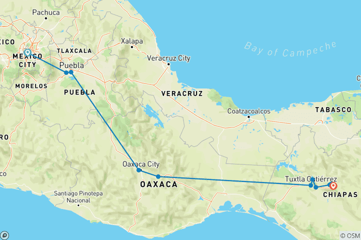 Karte von Geschmäcker und Kulturen (von Mexiko-Stadt bis San Cristóbal de las Casas)