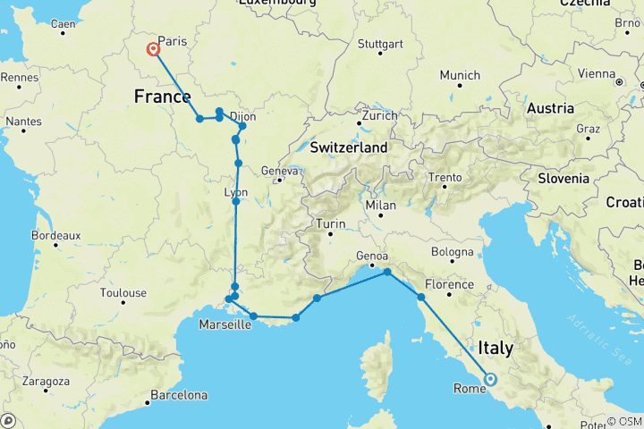 Map of From Italy to France (20 destinations)