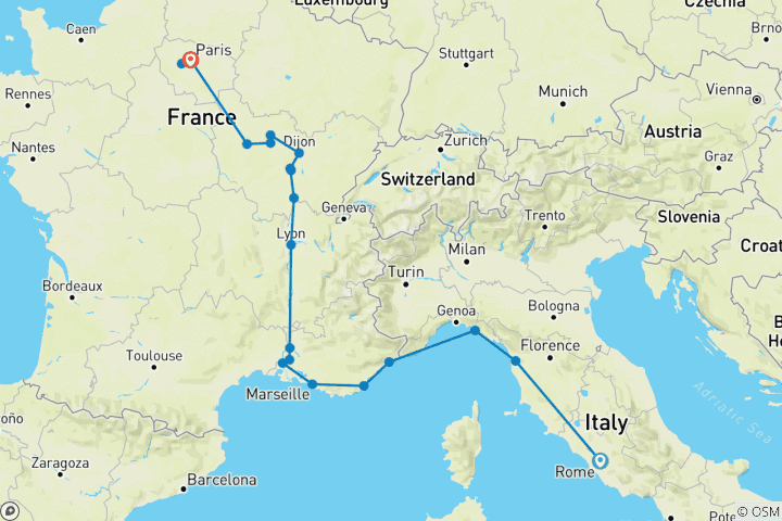 Carte du circuit De l'Italie à la France et à Paris