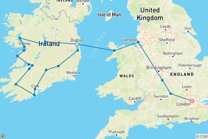 Karte von Große Irland Rundreise (Ende London)