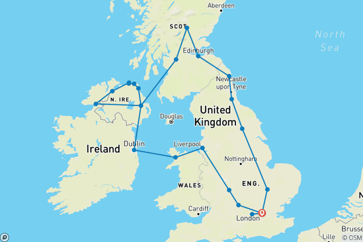 Map of Great British and Irish Route with London (24 destinations)