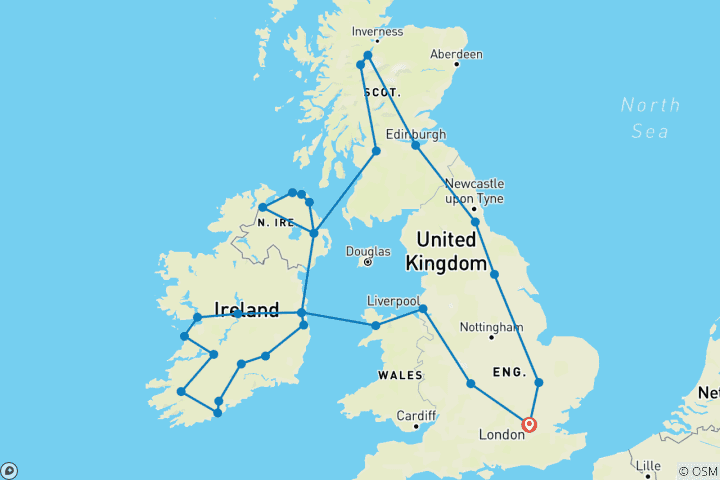 Map of Great British Route and Emerald Isle (34 destinations)