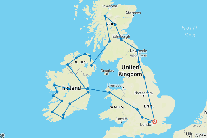 Karte von „Great British Route“ und die Grüne Insel mit London (41 Reiseziele)