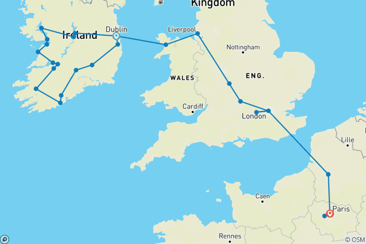 Map of Ireland, the United Kingdom and Paris (28 destinations)