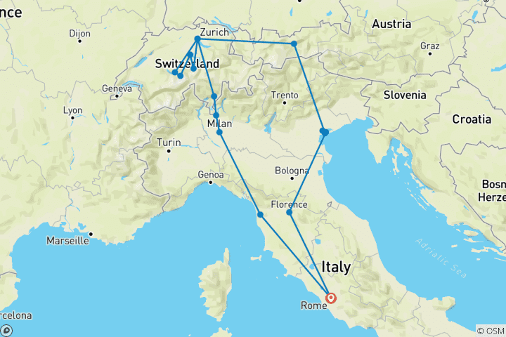 Map of Italy and Switzerland ROT (20 destinations)