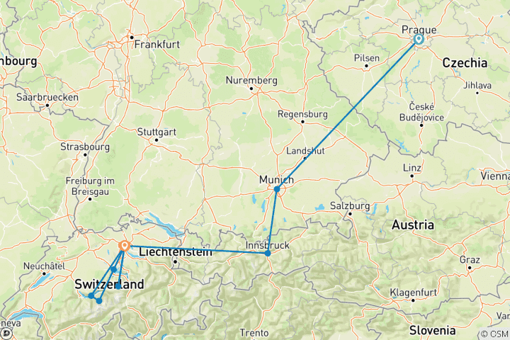 Carte du circuit De Prague à Zurich