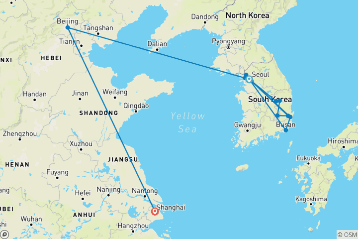 Kaart van Korea, Peking en Shanghai (van Seoel naar Shanghai)