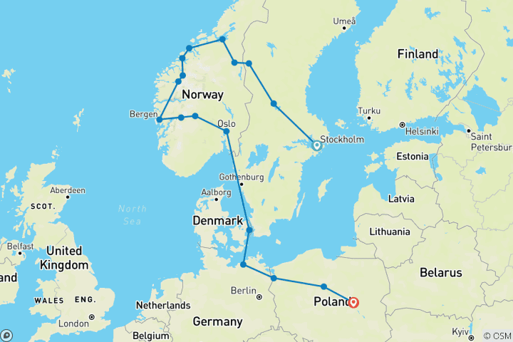 Carte du circuit Les fjords légendaires et le nord de la Pologne – Départ de Varsovie (18 destinations)