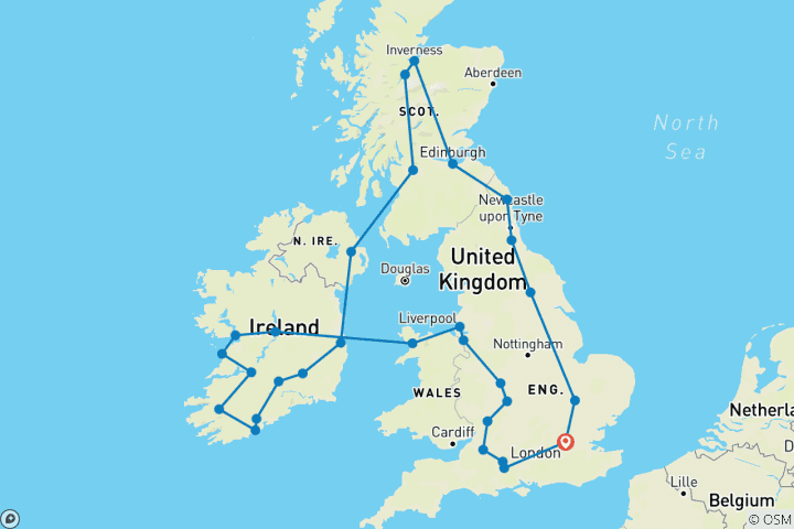 Map of London, Scotland, Ireland, and Southern England (34 destinations)