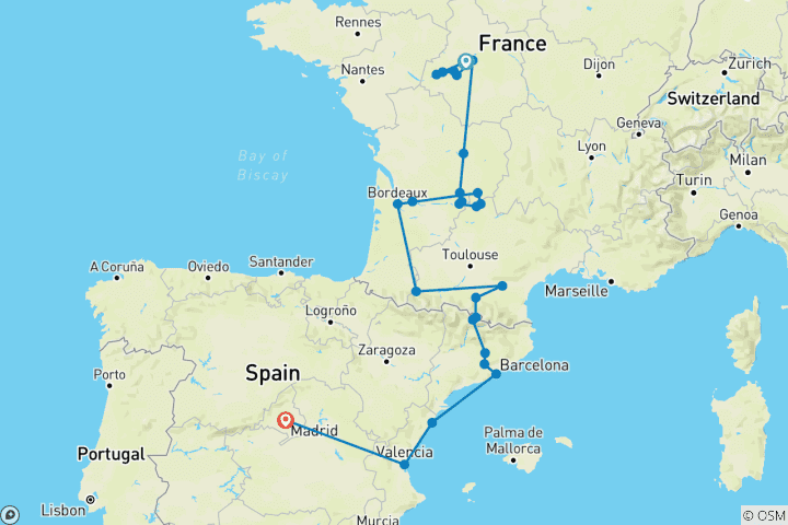 Kaart van Frankrijk en Spanje (van Blois tot Madrid)