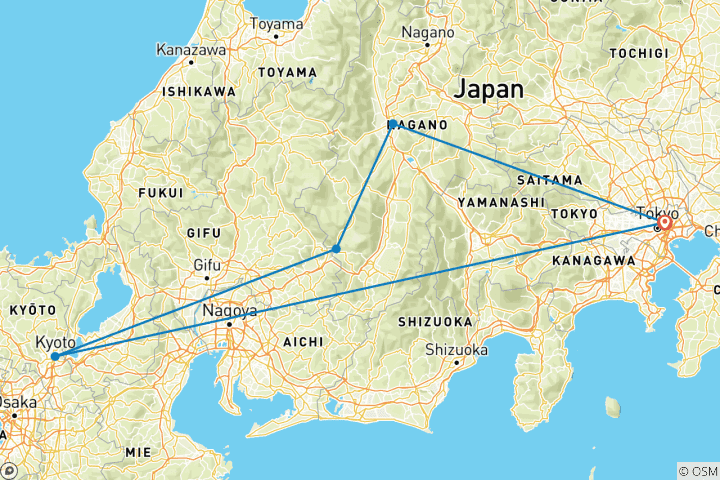 Karte von Kyoto, Tsumago und Matsumoto (5 Destinationen)