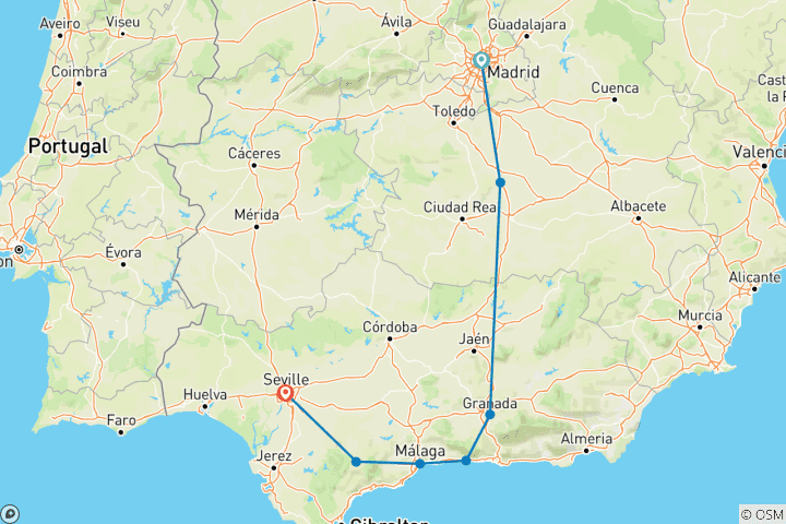 Map of Madrid and Andalusia (without Alhambra, 7 destinations)