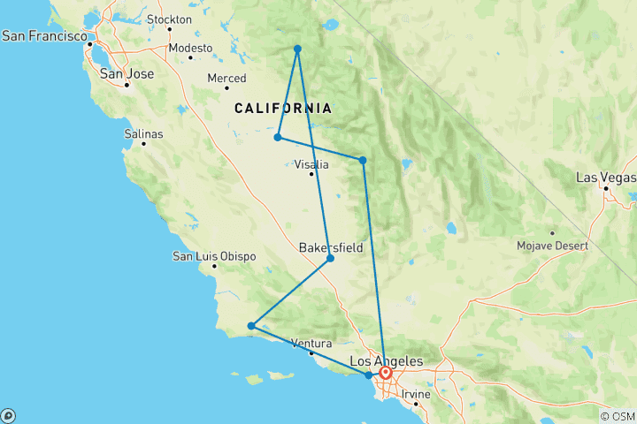 Kaart van Los Angeles, Yosemite & de mammoetbomen