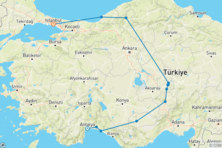 Carte du circuit Les secrets de la Turquie (12 destinations)