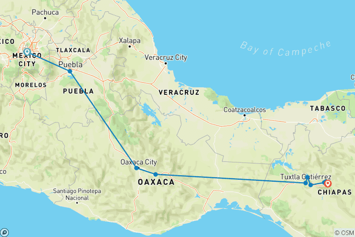 Karte von Mexiko und die Wege der Tradition (von Mexiko-Stadt nach San Cristóbal de las Casas)
