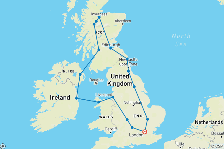 Carte du circuit Royaume-Uni et Irlande (17 destinations)