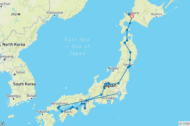Kaart van Japanse bezienswaardigheden in Sapporo (inclusief de Jigokudani-vallei)