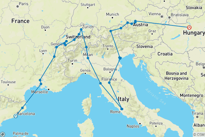 Kaart van Magisch Europa met Boedapest (33 bestemmingen)