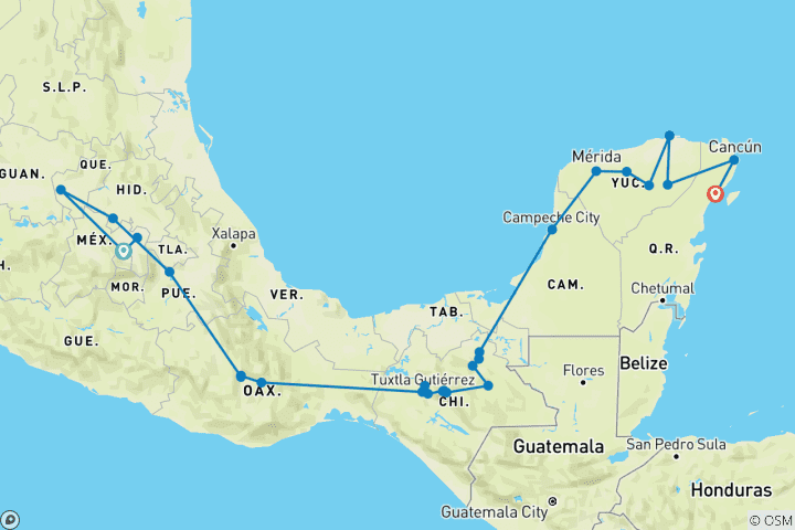 Karte von Mexikanische Wurzeln und Reiserouten (28 Reiseziele)