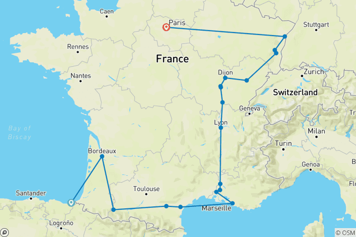 Mapa de España, sur de Francia, Borgoña y Alsacia