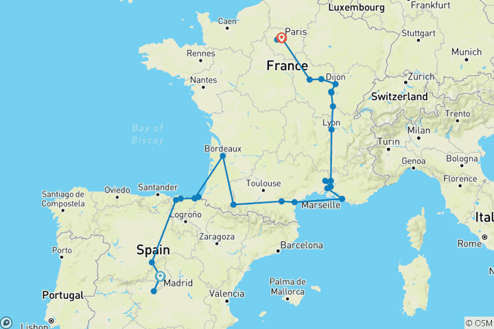 Mapa de Madrid, el País Vasco, Lourdes, la Provenza y Borgoña, además de París (28 destinos)