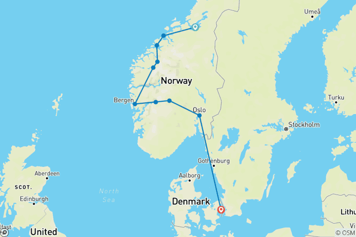 Map of The beautiful Norway End Copenhagen (10 destinations)