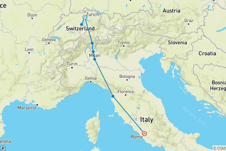 Carte du circuit Coup de projecteur sur la Suisse et l'Italie (8 destinations)