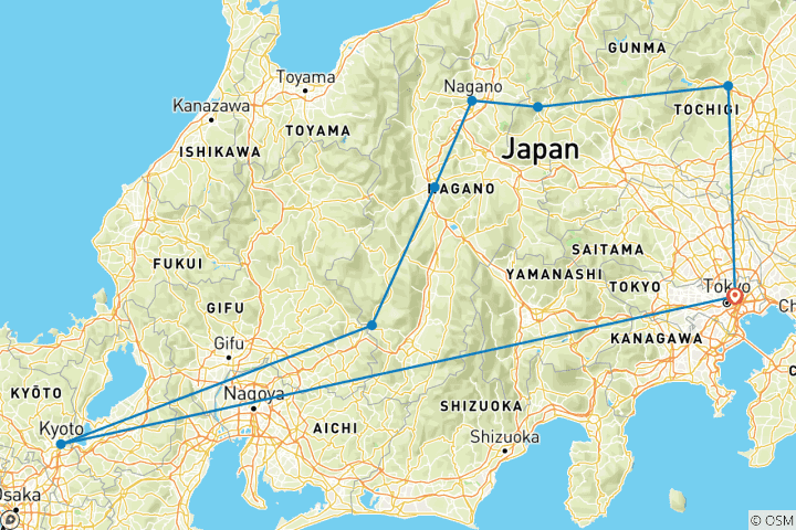 Carte du circuit Tokyo, Kyoto et les Alpes