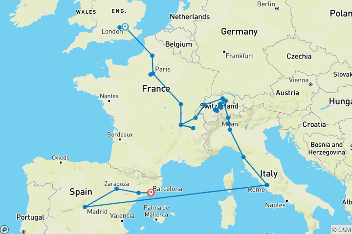 Karte von Spektakuläres Europa mit Barcelona (30 Destinationen)