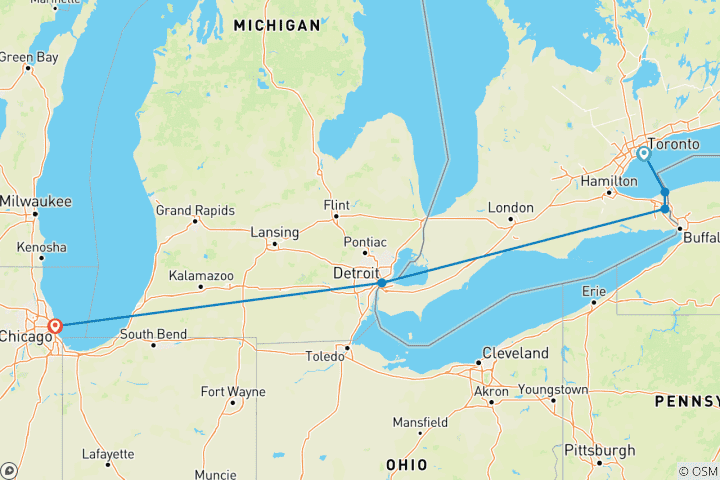Carte du circuit Toronto, Niagara et Chicago (5 destinations)