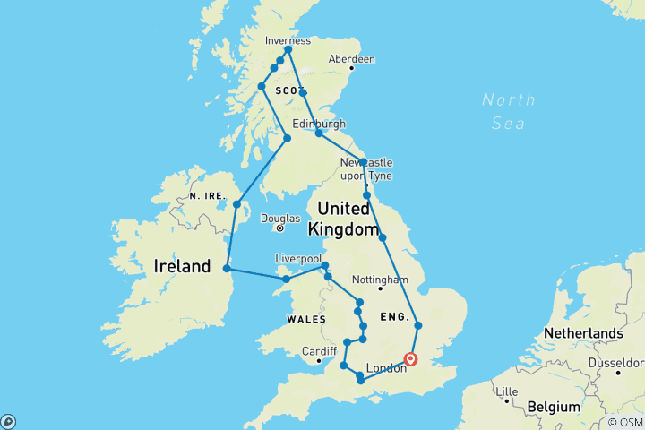 Karte von Schottland, Irland und Südengland (26 Reiseziele)