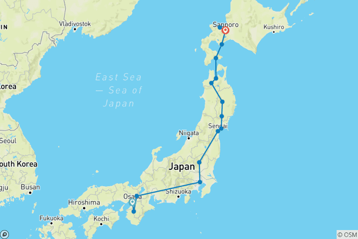 Map of Traditional Japan and north of Japan - End Sapporo (16 destinations)