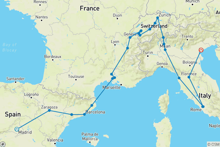 Carte du circuit Sud de l'Europe (28 destinations)