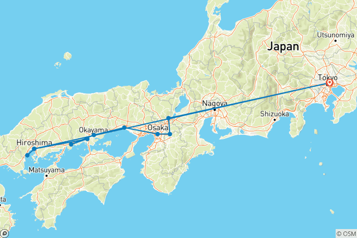 Mapa de Tokio, Kioto e Hiroshima finalizando en Tokio