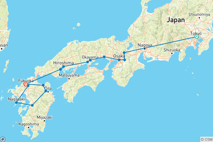 Map of Tokyo, Kyoto and Legends of Southern Japan (18 destinations)