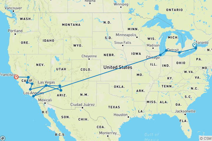 Map of Toronto, Niagara, and Chicago with Western Classics