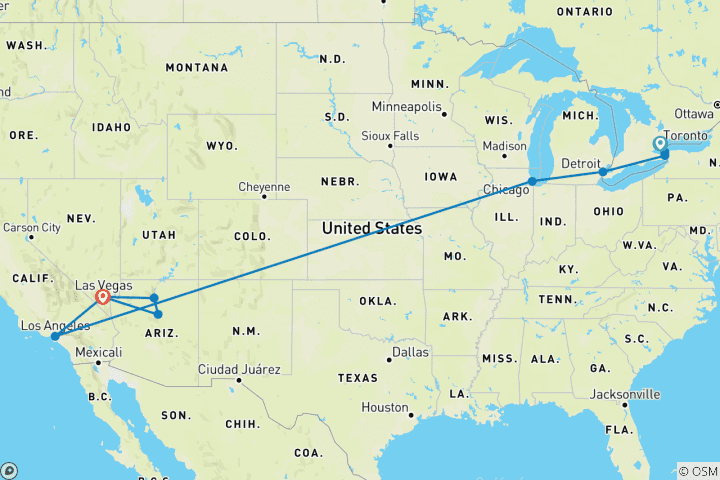 Map of Toronto, Niagara, and Chicago with Western Classics ending Las Vegas