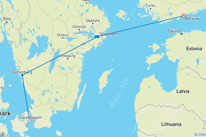 Karte von „Essential Scandinavia“ für 18- bis 35-Jährige (von Kopenhagen nach Helsinki, 8 Reiseziele)