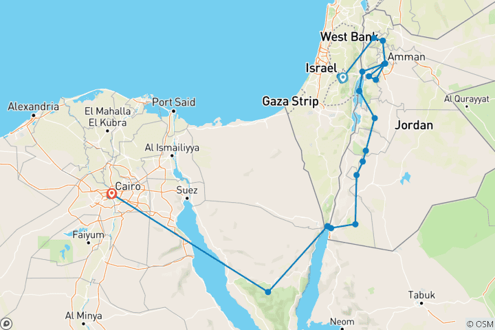 Carte du circuit Jérusalem, la Jordanie et Le Caire : un circuit classique (26 destinations)