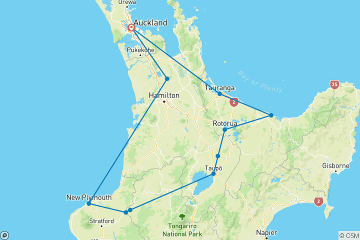 Carte du circuit Aventure sur l'île du Nord de la Nouvelle-Zélande