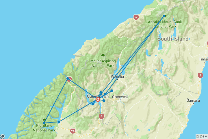 Carte du circuit Aventure hivernale en Nouvelle- Zélande