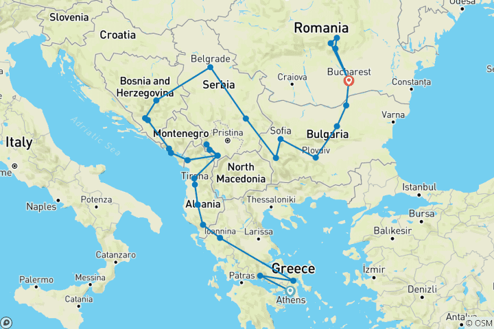 Karte von Zeitlose Balkanreise in 24 Tagen; halbprivate Tour mit eigenem Reiseleiter und Fahrzeug