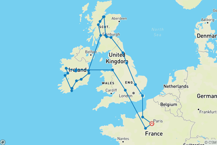 Karte von Britische Inseln mit Bretagne (50 Destinationen)