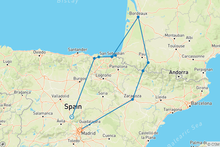 Carte du circuit Le Pays basque et Lourdes au départ de Madrid (11 destinations)