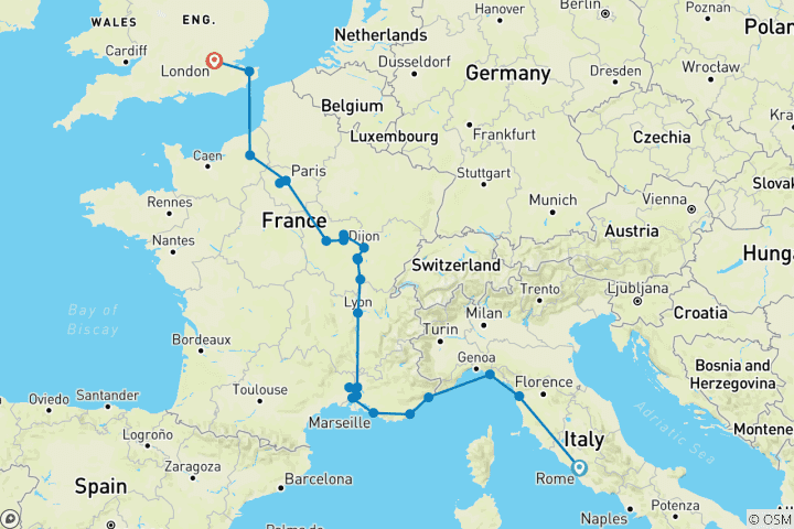 Kaart van Reis van Italië naar Frankrijk - incl. Londen