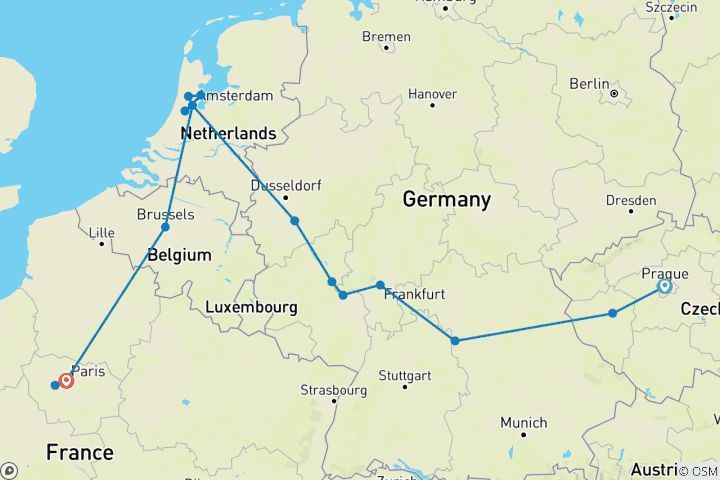 Kaart van Reis van Praag naar Parijs