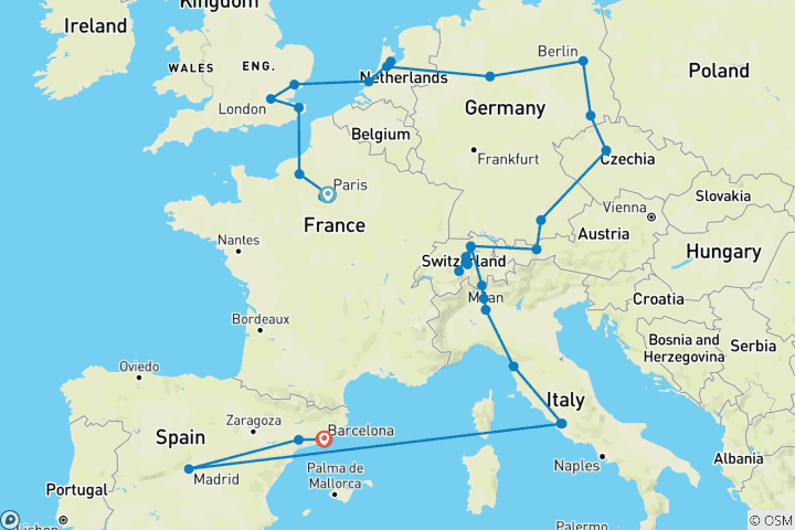 Carte du circuit Souvenirs d'Europe (31 destinations)