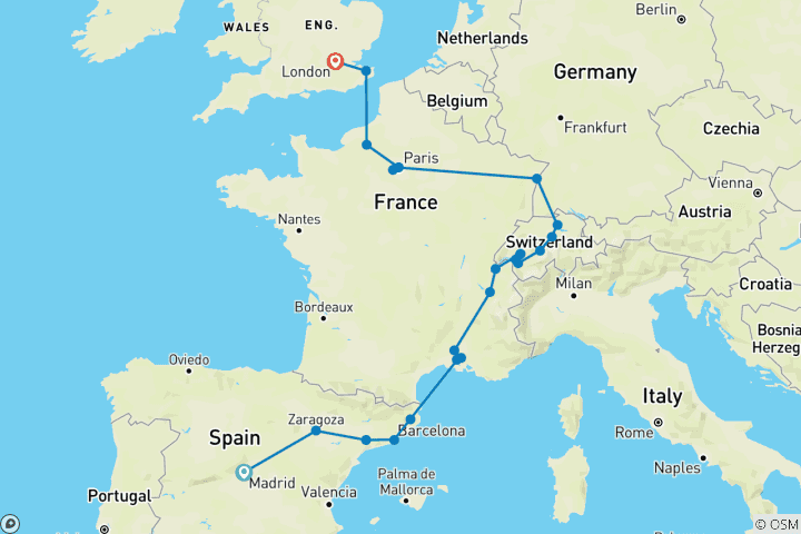 Kaart van Essential Europe – eindpunt Londen (24 bestemmingen)
