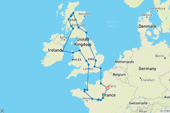 Karte von Frankreich, England, Schottland und Irland mit Paris und Rouen (36 Reiseziele)